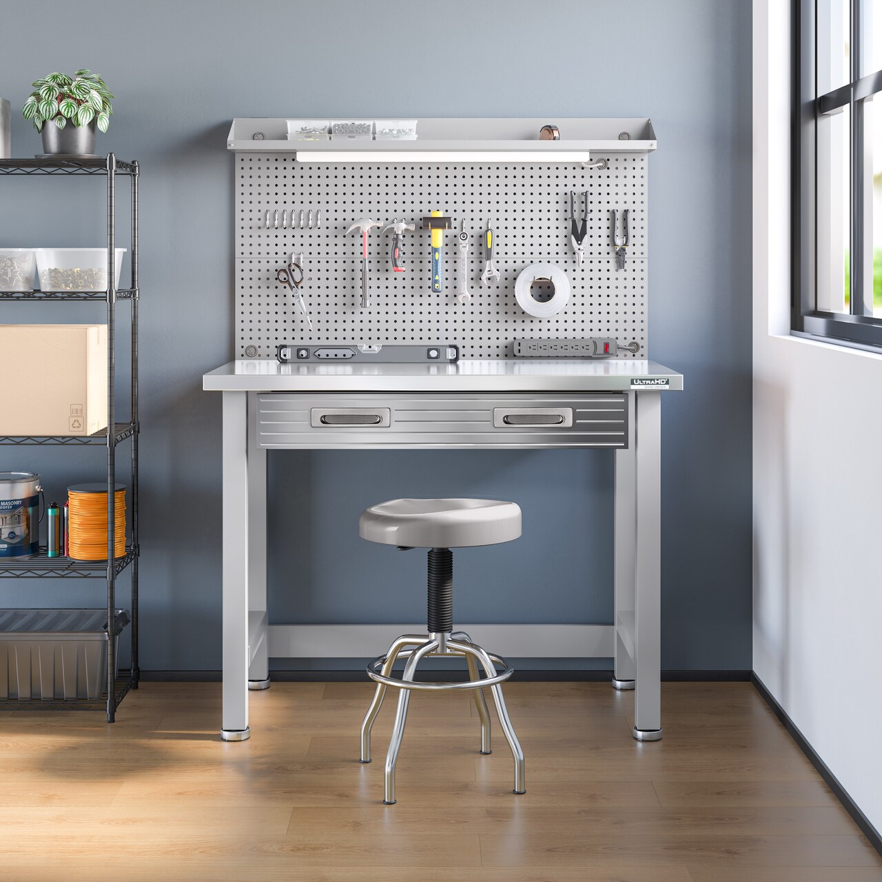 Seville Classics UltraHD Lighted Workcenter w/ Stainless Steel Top and Pegboard